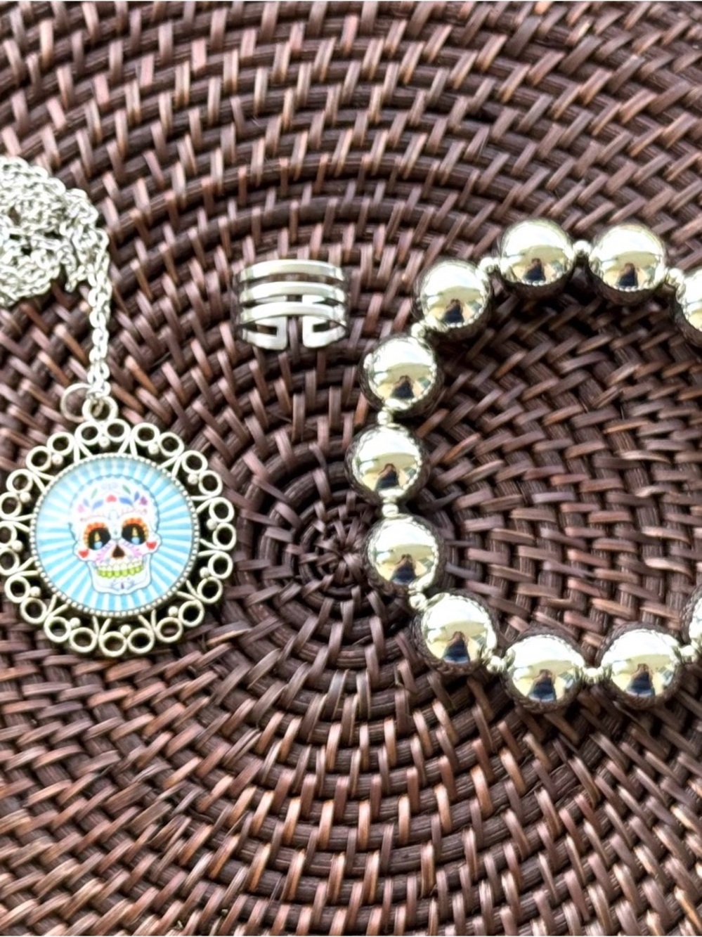 Silver Stretch Bracelet and Sugar Skull Pendant Necklace, ring - Silver Tone